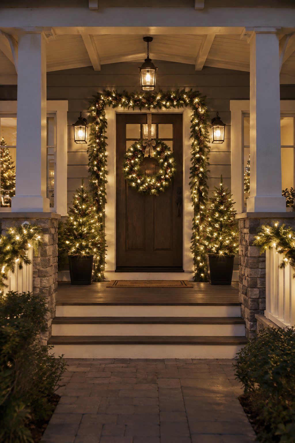 Front entry decorated with lit garland and a wreath