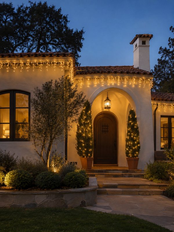 Home after Christmas light installation: icicle eaves & archway