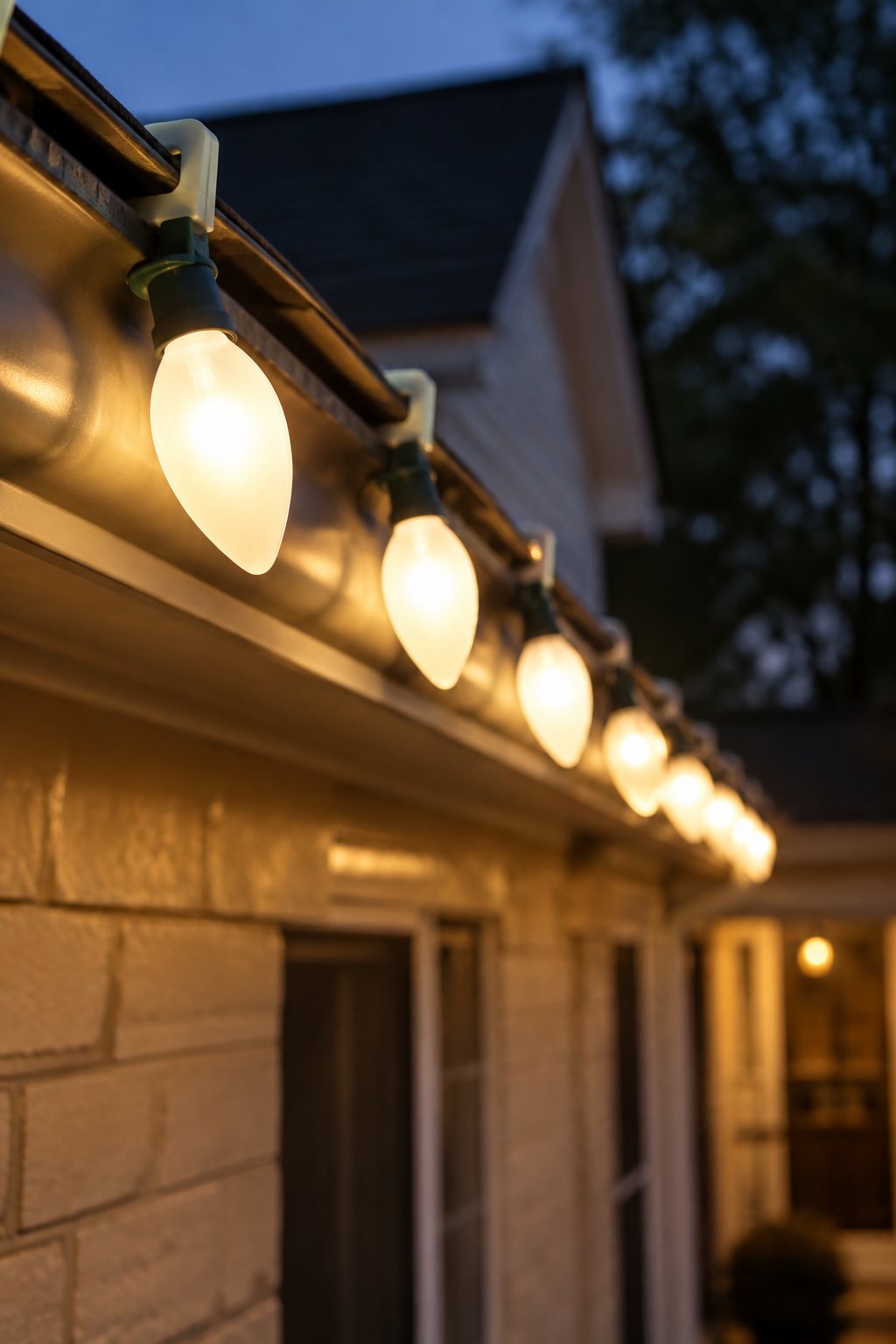 Warm white C9 Christmas bulbs on a roofline